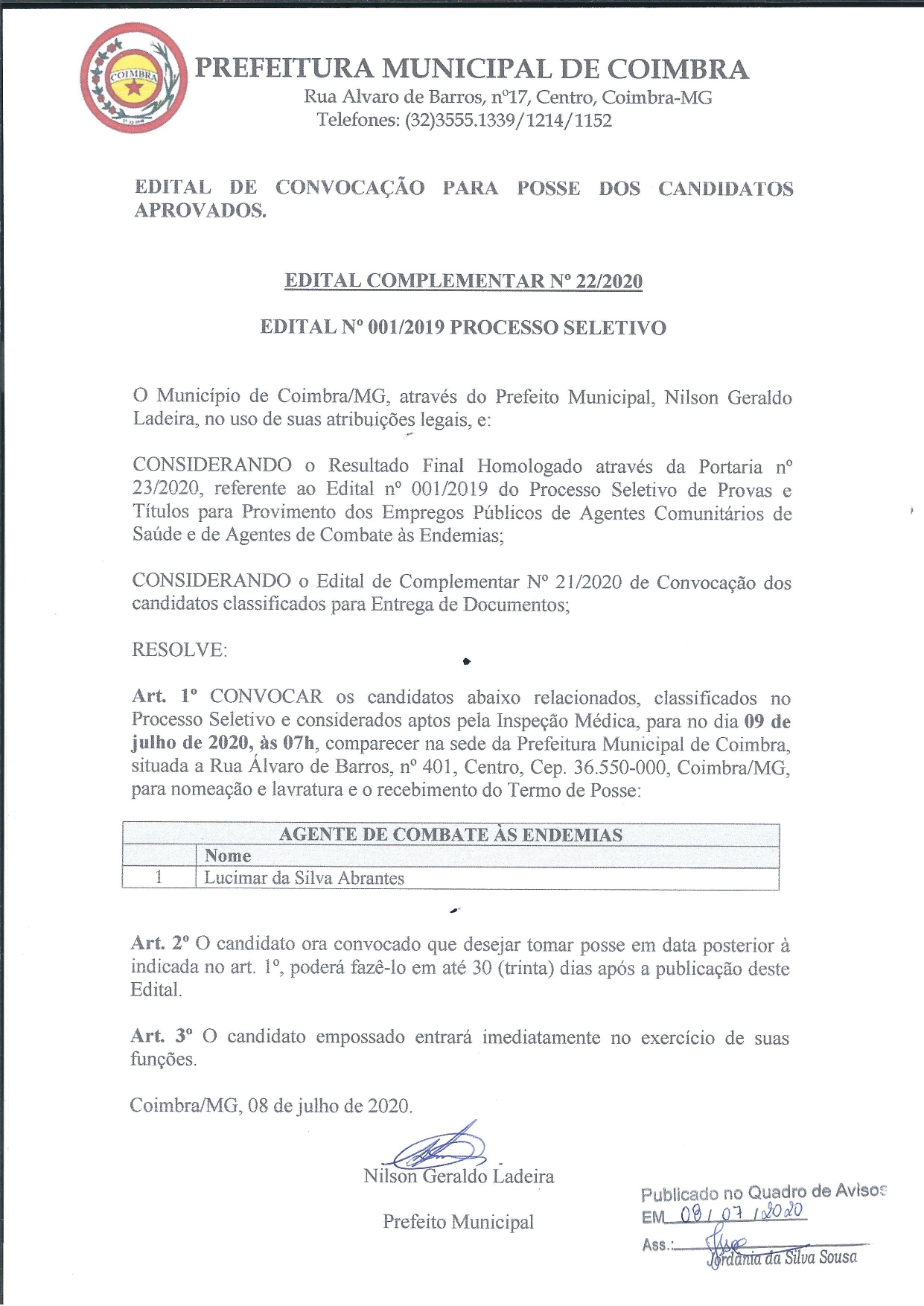 Município publica Edital de convocação para posse dos candidatos aprovados no processo seletivo
