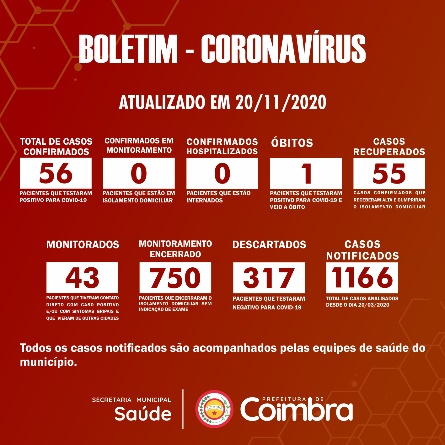 Boletim Diário, atualizações sobre coronavírus em Coimbra, 20/11/2020